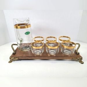 Vintage Barware Pitcher Six Glasses Serving Tray with Handle Cocktails Gold Rim